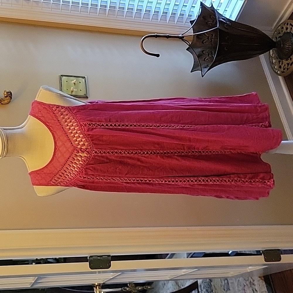 Red Camel hot pink sleeveless dress lace trim full lined cotton blend Med EUC …